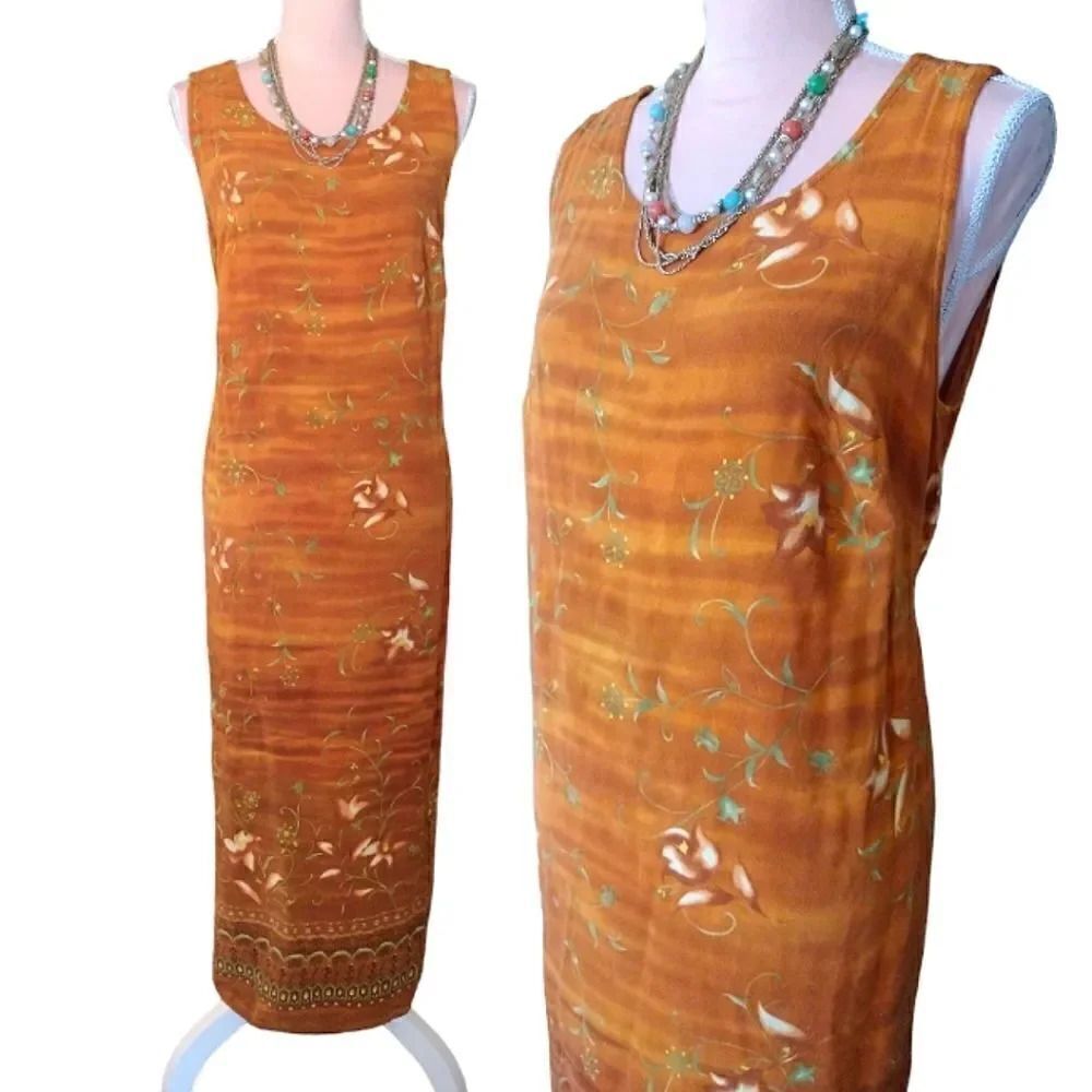 VTG 90s Orange Tropical Print Tie Back Rayon Maxi Dress Size 16 *Fits like Large